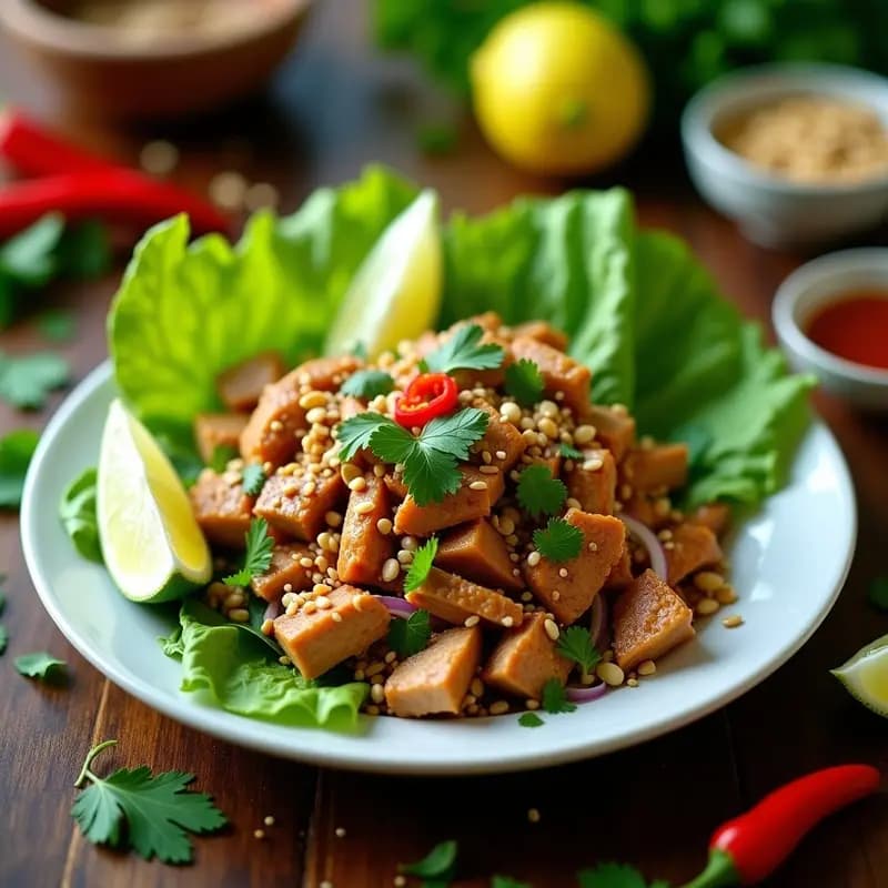 Plato de Larb Gai Tailandés con pollo picado dorado, menta fresca, cilantro, cebolla morada y cacahuetes tostados, servido en hojas de lechuga romana sobre una mesa rústica de madera, con un fondo de lima y especias tailandesas.