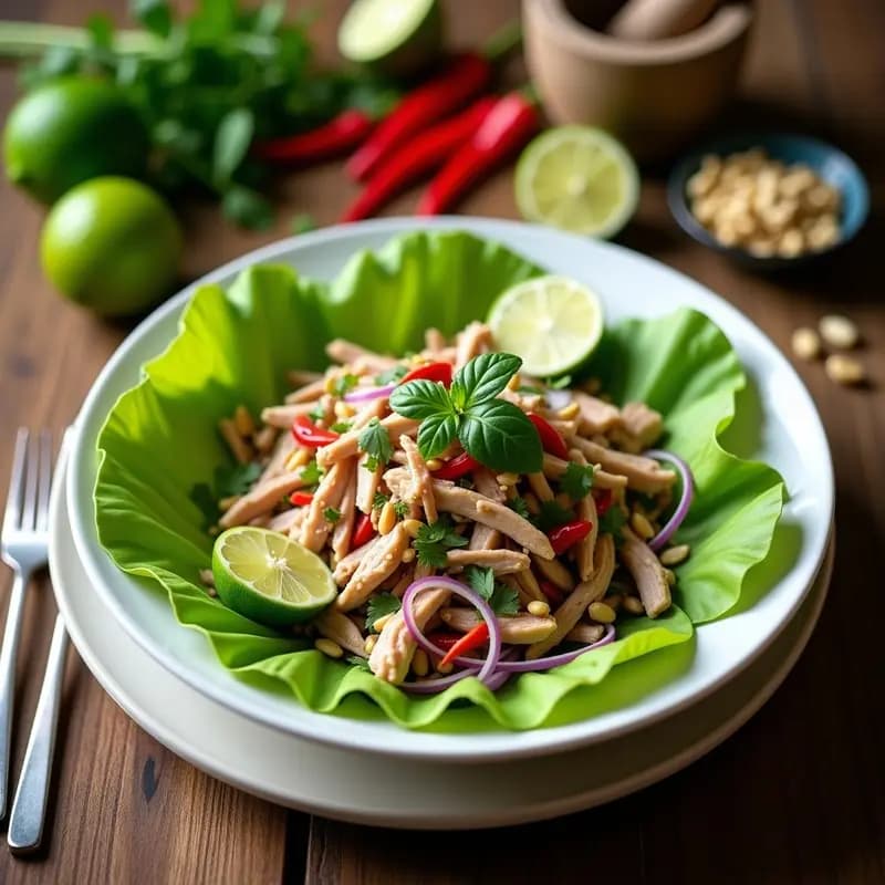 Plato hondo de cerámica blanca con Larb Gai Tailandés de pollo y menta: ensalada vibrante de pollo picado, hierbas frescas (menta, cilantro y hierba limón), cebolla morada y cacahuetes tostados, servida sobre lechuga hoja de roble. Decorada con gajos de lima y rodajas de chile rojo.