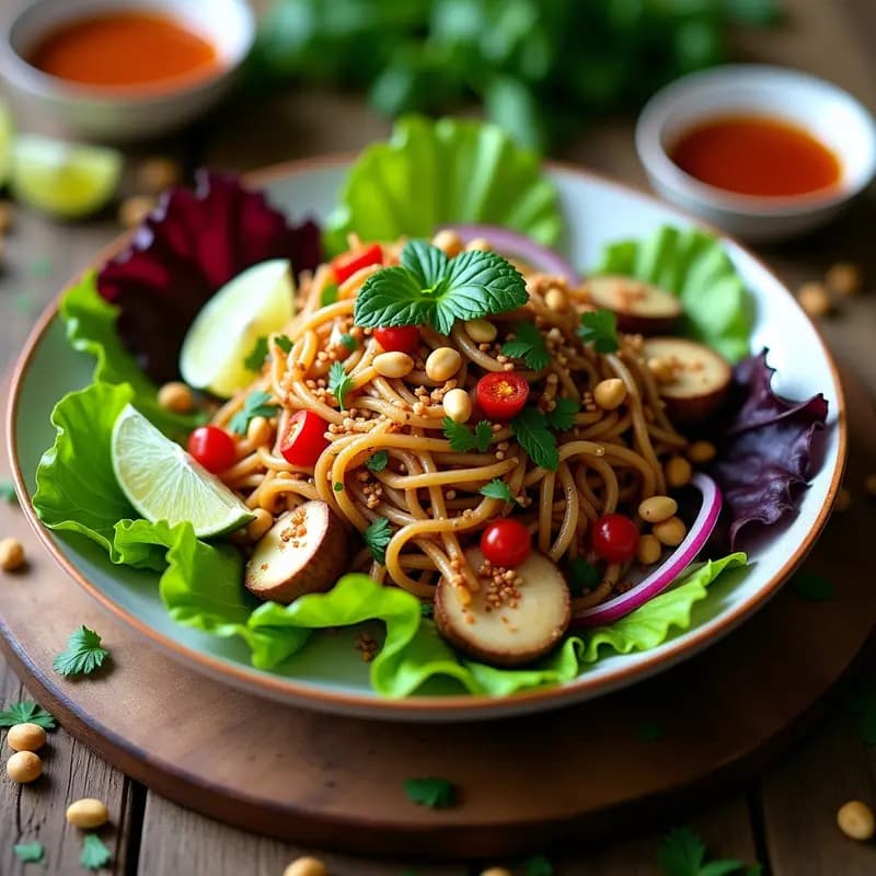 Plato colorido de Larb de Hongos Ostra y Menta, ensalada tailandesa vegana y picante, con hongos desmenuzados, hierbas frescas, cebolla morada y cacahuetes, servida en hojas de lechuga morada sobre fondo rústico de madera.