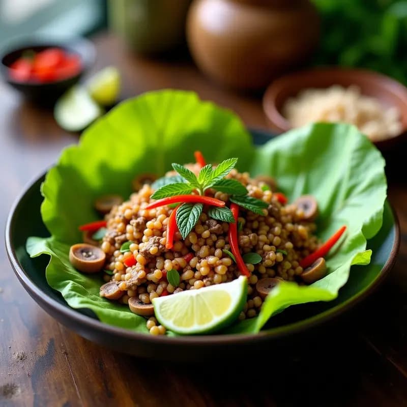 Plato tradicional laociano de larb vegano con hongos ostra desmenuzados, menta fresca, rodajas de limón y chili rojo, servido en hoja de lechuga sobre fondo de madera oscura.
