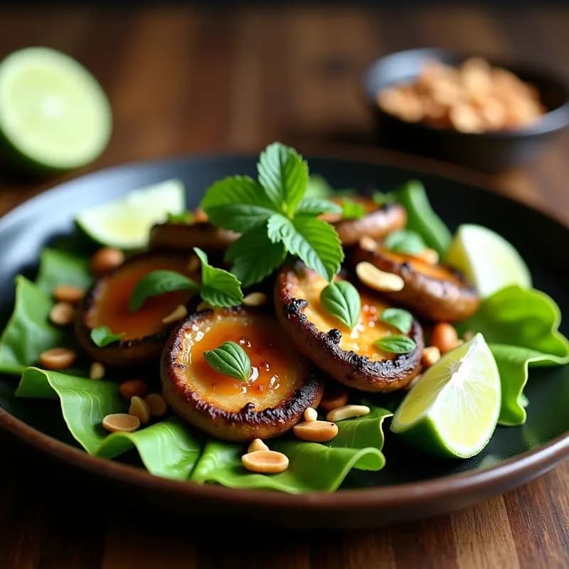 Plato tailandés vegano de larb de hongos portobello con láminas doradas de portobello, hierbas frescas como menta y cilantro, cacahuetes tostados y rodajas de lima, servido sobre hojas de lechuga romana en un plato de cerámica oscura.