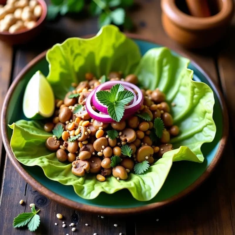 Plato de Larb de Hongos Shitake y Cacahuetes vegano sin gluten, servido sobre hojas de lechuga romana, con cacahuetes triturados, hierbas frescas y gajos de limón vert. Receta laosiana auténtica y colorida.