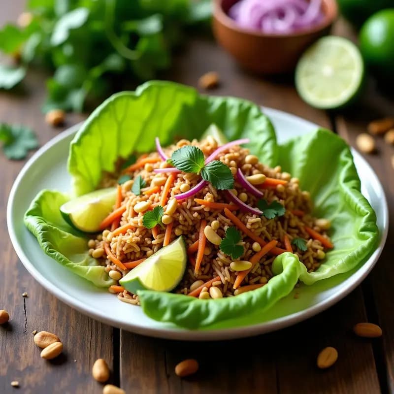 Ensalada laosiana de larb de jackfruit desmenuzado, con hierbas tailandesas frescas como cilantro y menta, cacahuetes picados y rodajas de lima, servida en hojas de lechuga romana sobre un plato de cerámica blanca.