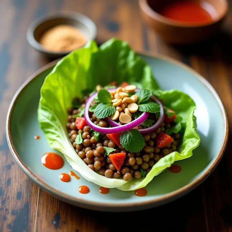 Plato tailandés vegano de larb de lentejas parda salteadas con hierbas frescas (menta, cilantro y hierbabuena), salsa de lima y chile, servido en hojas de lechuga romana y decorado con semillas de sésamo tostadas.