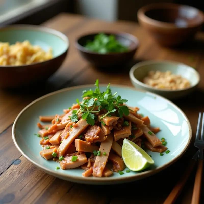 Plato tradicional laosiano de larb de pato con hierbas limón y lechuga, servido sobre hojas de lechuga romana crujientes, decorado con cacahuetes tostados y rodajas de lima, con un fondo de hierbas frescas y chiles rojos.