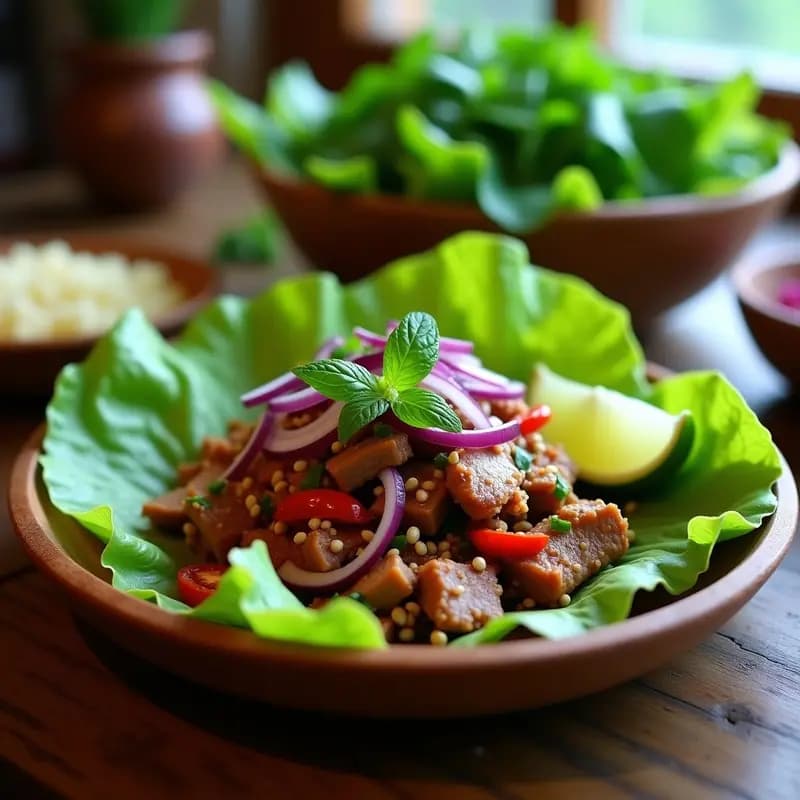 Plato de larb de pato con hojas de menta y lima, servido sobre hojas de lechuga butter, decorado con semillas de sésamo y rodajas de lima, receta laosiana picante y fresca.