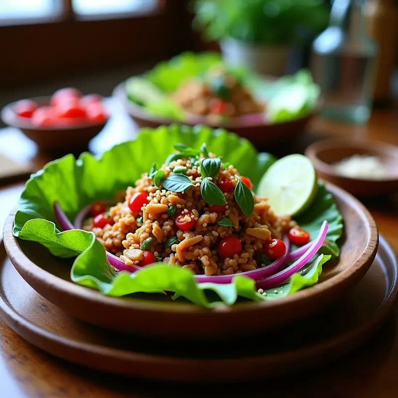 Plato hondo blanco con ensalada tailandesa larb de pollo desmenuzado, hierbas frescas de menta y cilantro, cacahuates tostados y rodajas de lima kaffir. Servido sobre hojas de lechuga romana con fondo de madera rústica.