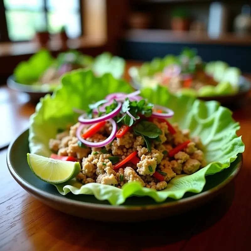Plato colorido de Larb de Pollo con hierbas tailandesas servido en hojas de lechuga romana, rodeado de rodajas de lima y semillas de sésamo. Receta de Laos baja en calorías y sin gluten.