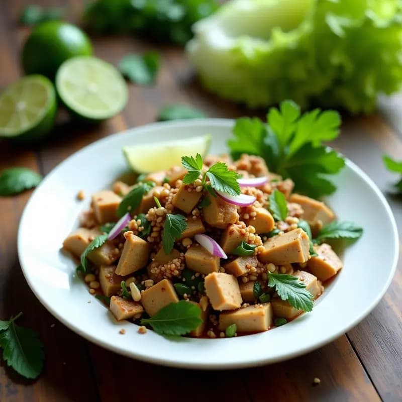 Plato hondo de cerámica blanca con larb de pollo desmenuzado, cebolla morada, menta y cilantro fresco, servido sobre hojas de lechuga romana. Decorado con cacahuetes tostados, rodajas de lima kaffir y un toque de chile rojo. Ensalada tailandesa colorida, fresca y alta en proteína.
