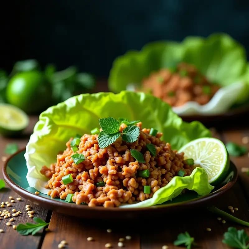 Plato de larb thai de cerdo con trozos jugosos de carne, hierbas frescas picadas, cacahuetes tostados y rodajas de lima, servido en hojas de lechuga romana como envoltorios. Receta picante y fresca de cocina tailandesa.