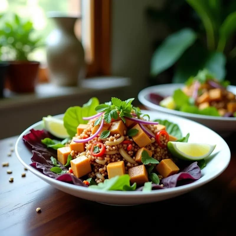 Plato colorido de Larb Thai de tofu y hierba limón, ensalada picante sin gluten con tofu dorado, hierbas frescas, cacahuetes y rodajas de limón sobre hojas de lechuga morada.