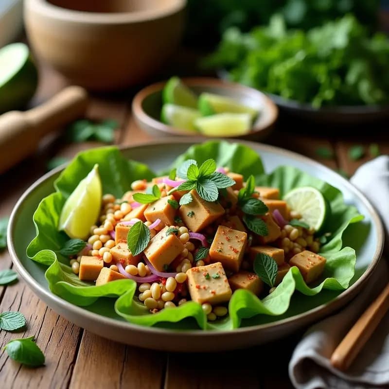 Plato tailandés de larb de tofu desmenuzado con hierba limón, menta fresca y cacahuetes tostados, servido sobre hojas de lechuga romana. Receta vegana y baja en calorías.