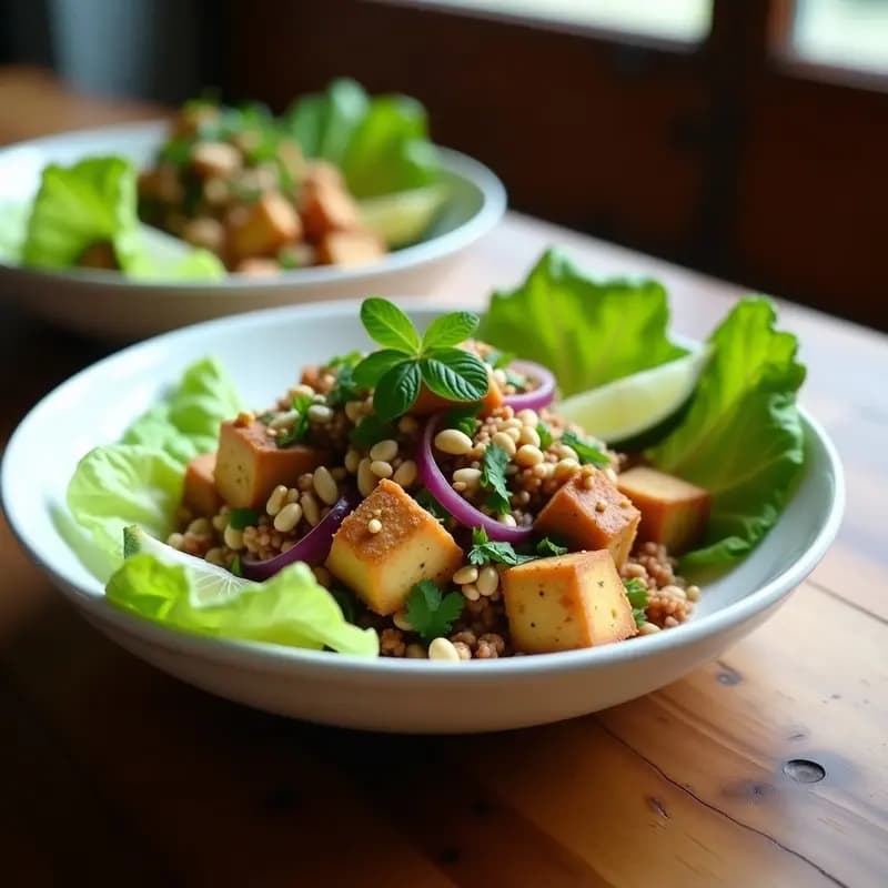 Ensalada Larb de Tofu vegana en plato hondo de cerámica oscura, con tofu desmenuzado, hierbas frescas (menta, cilantro y hierba limón), cebolla morada en juliana, cacahuetes tostados y rodajas de lima. Fondos de hojas de lechuga romana y textura vibrante de colores verdes, morados y blancos.