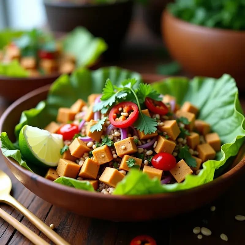 Plato colorido de larb de tofu vegano con hierbas frescas, limón y chile, servido en un bol de cerámica oscuro con cacahuetes y semillas de sésamo espolvoreados.