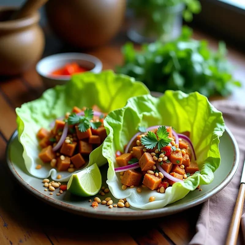 Plato de larb de tofu con hierbas tailandesas vegano, servido en hojas de lechuga romana con cacahuetes triturados y semillas de sésamo, acompañado de rodajas de lima y cilantro fresco.