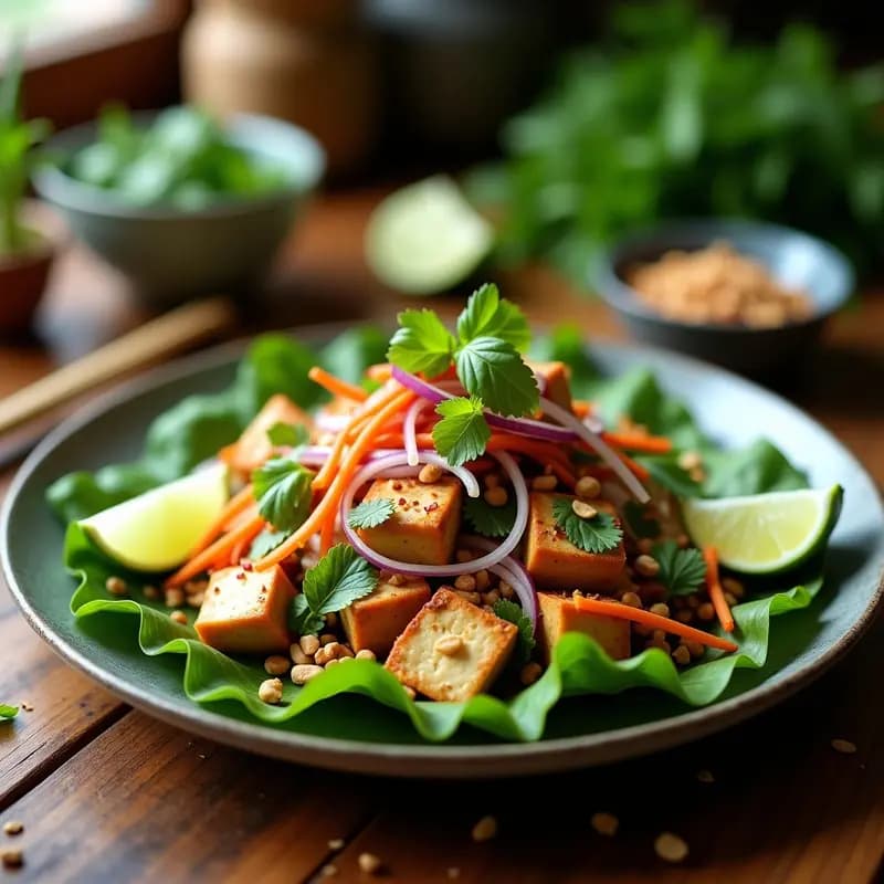 Plato colorido de larb de tofu y hierbas tailandesas servido sobre hojas de lechuga romana, con tofu dorado desmenuzado, hierbas frescas verdes y rojas, cacahuetes tostados y rodajas de lime. Receta vegana de ensalada tailandesa picante y alta en proteína.