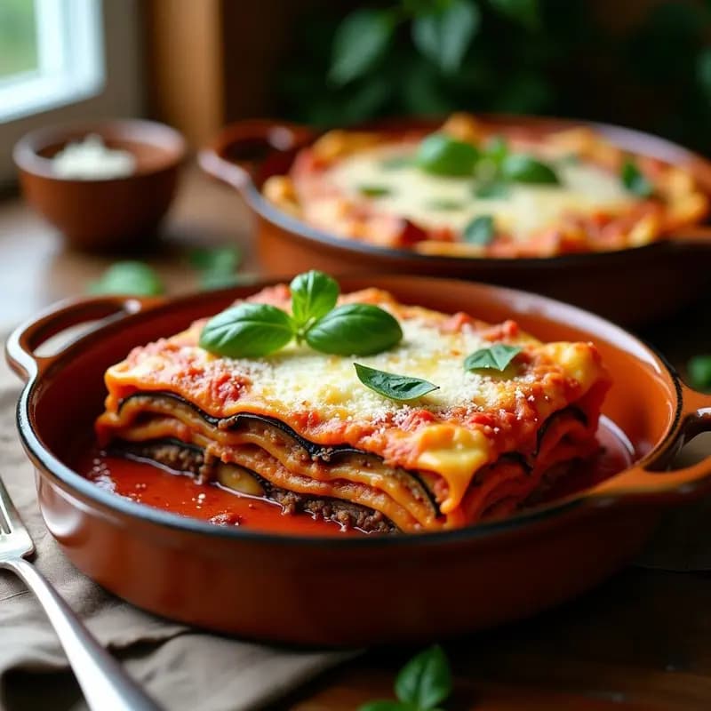 Lasagna de berenjena y carne picada con bechamel light en fuente de horno, capas visibles de berenjena asada, carne jugosa y salsa cremosa dorada, espolvoreada con parmesano. Plato italiano sin pasta, alta en proteína y baja en calorías.