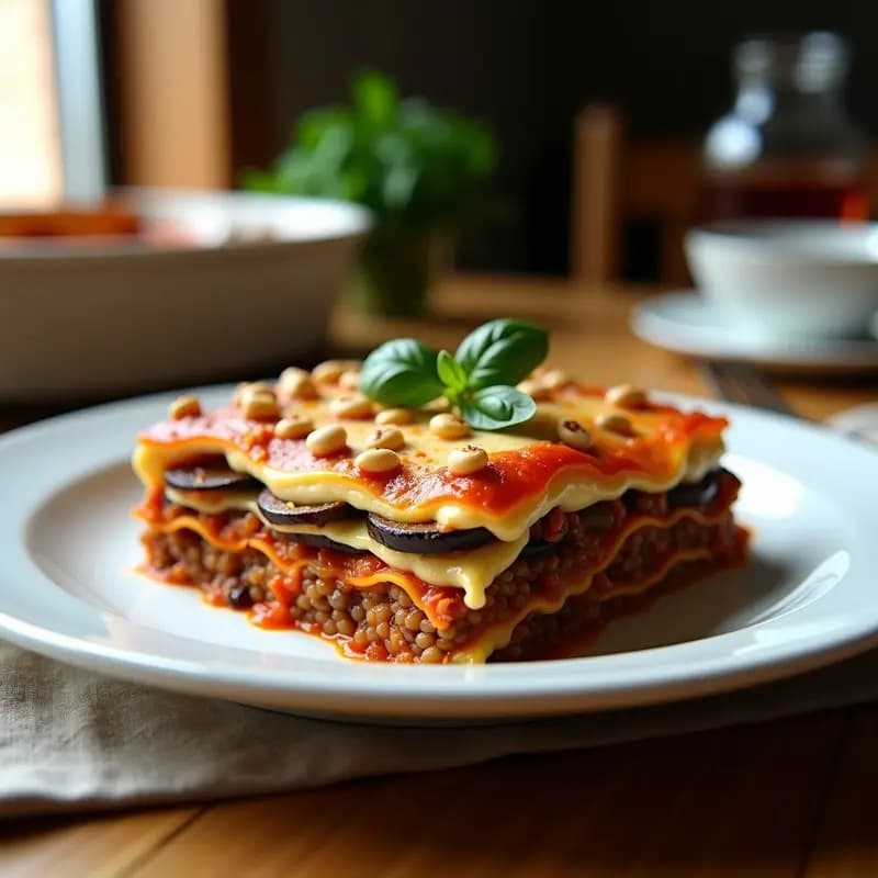 Lasagna italiana vegana en fuente de horno con capas visibles de berenjena asada, lentejas pardinas y bechamel de anacardos cremosa, decorada con piñones tostados y hojas de albahaca fresca, receta sin lácteos.