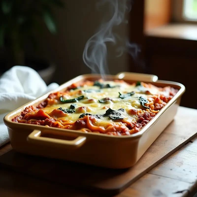 Fuente de horno rectangular con lasagna bolonesa con espinacas y bechamel sin gluten, dorada y burbujeante, cortada en porciones para servir. Capas visibles de pasta sin gluten, carne molida, espinacas verdes y bechamel cremosa, espolvoreada con queso parmesano.
