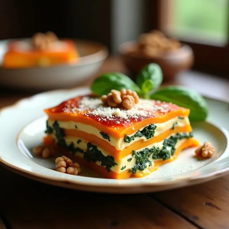 Lasagna vegetariana de calabaza y queso ricotta baja en calorías, servida en porción cuadrada con capas visibles de calabaza asada, crema de ricotta verde y nueces tostadas, sobre plato blanco rústico.
