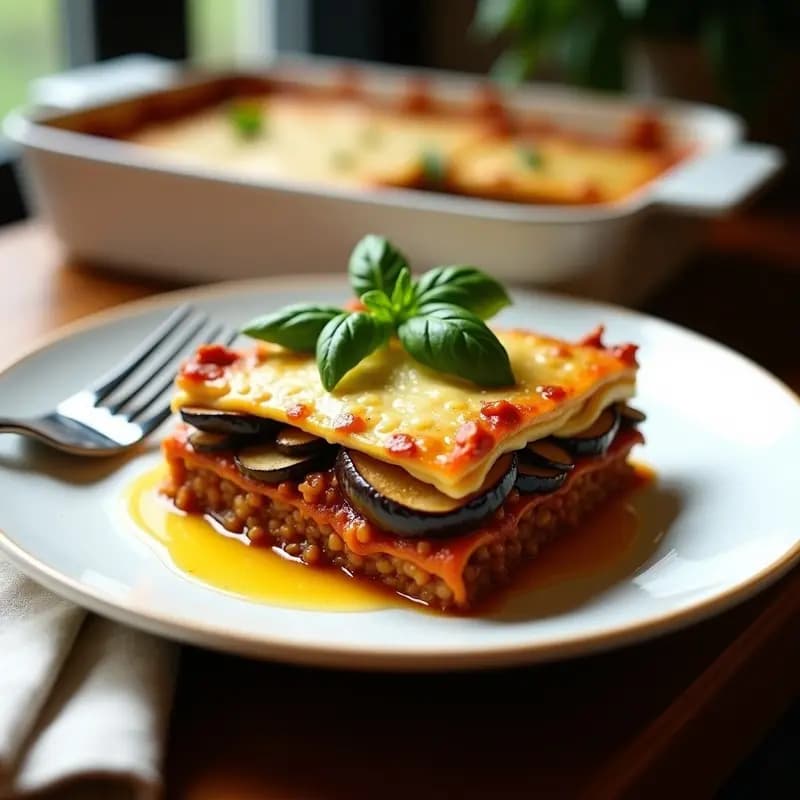 Lasagna vegana de lentejas beluga y berenjena en fuente de cerámica blanca, con capas visibles de ragú oscuro, berenjenas doradas y bechamel cremosa gratinada, decorada con hojas de albahaca fresca y un hilo de aceite de oliva.