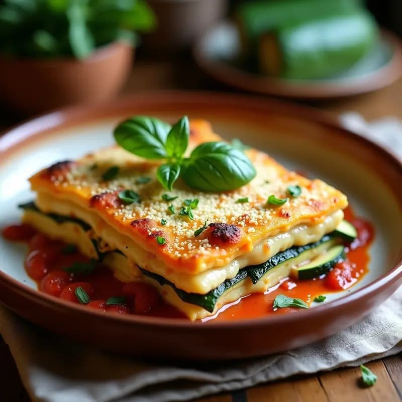 Lasaña vegana en fuente de barro con capas visibles de calabacín, tofu ricotta cremoso y salsa de tomate con champiñones, gratinada al horno y decorada con albahaca fresca.