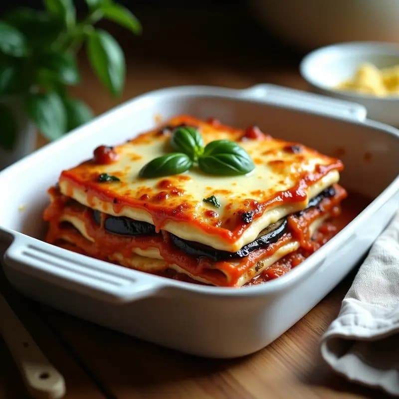 Lassagne italiana vegana en fuente de barro con capas visibles de berenjena asada, queso de cáscara dorado y salsa de tomate espesa, decorada con albahaca fresca y aceite de oliva.