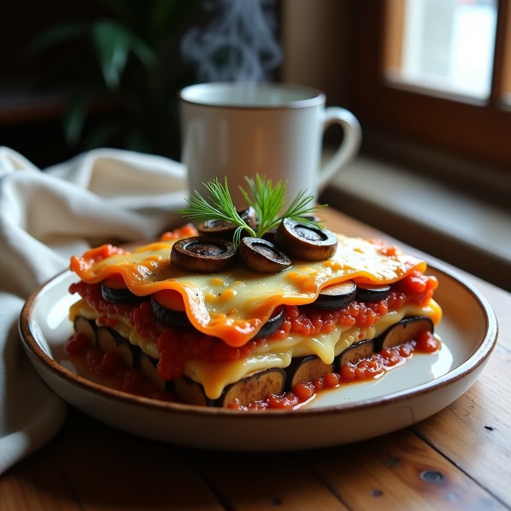 Lasaña rusa vegetariana en fuente de barro con capas visibles de berenjena asada, queso Leningradsky derretido y salsa de tomate casera espesa, decorada con eneldo fresco y setas portobello doradas.