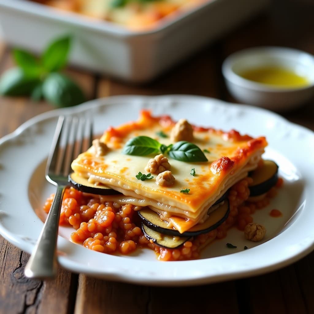 Lasaña vegana y sin gluten en fuente de horno, con capas visibles de berenjena asada, ragú de lentejas rojizas y bechamel cremosa de anacardos dorada. Decorada con nueces picadas y perejil fresco, servida en plato rústico de cerámica blanca.