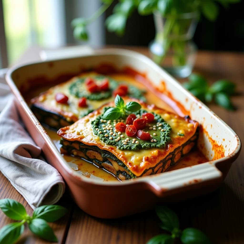 Lasaña de Berenjena y Pesto de Albahaca con Tofu: Receta Vegana y Sin Gluten
