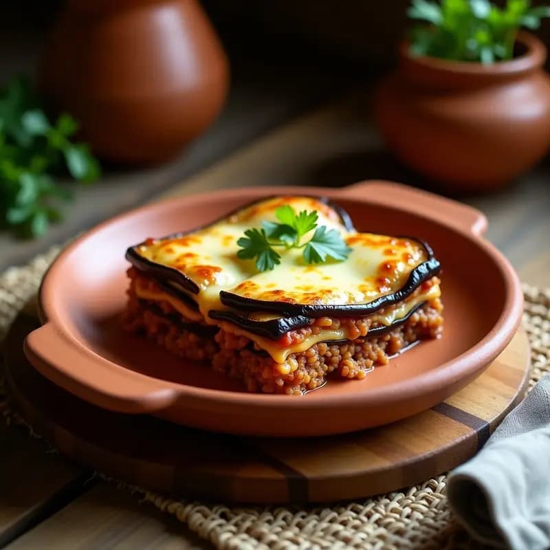 Lasaña de berenjena y queso de caimana en fuente de barro, con capas visibles de berenjena asada, carne molida y queso derretido dorado. Decorada con hojas de cilantro fresco sobre fondo rústico de madera.