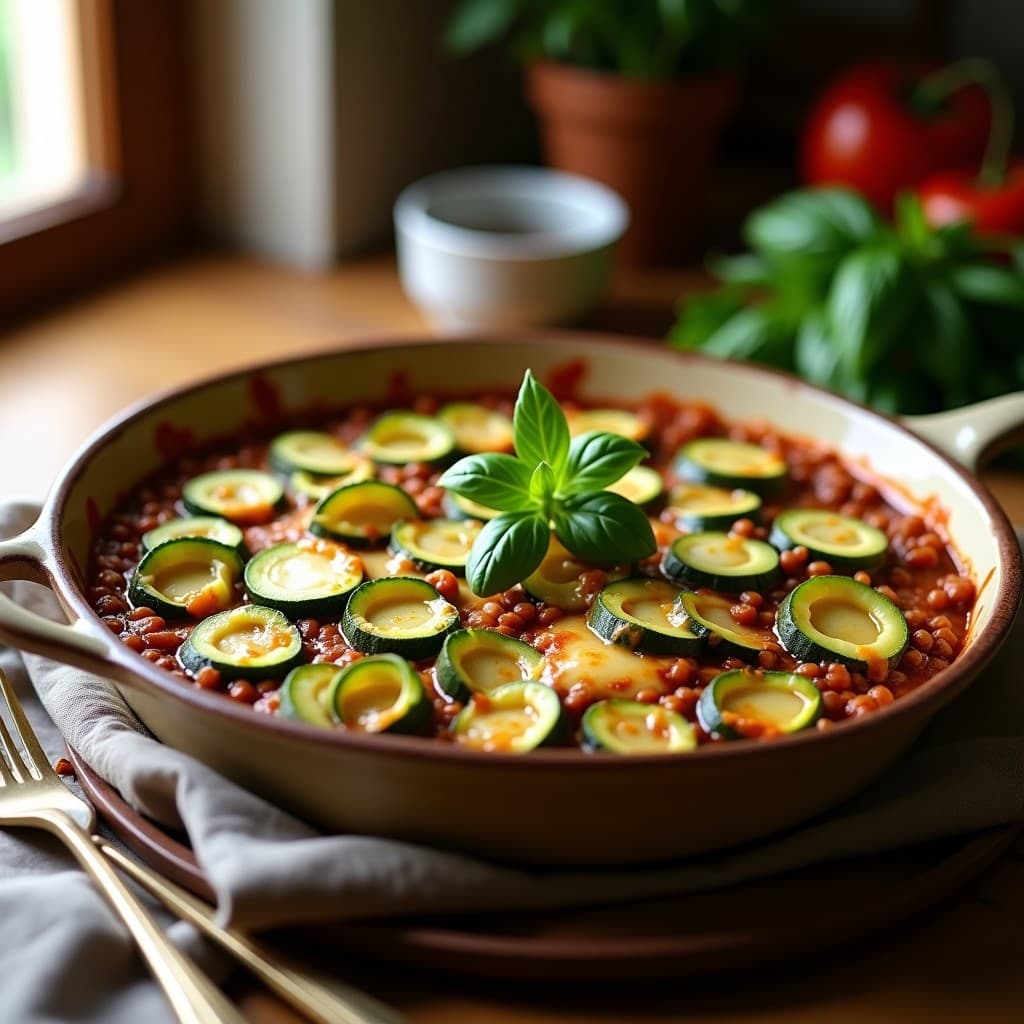 Lasaña keto en fuente de horno con capas visibles de espaguetis de calabacín verde, ragú de lentejas pardinas y queso gratinado dorado, decorada con albahaca fresca y semillas de sésamo tostado.