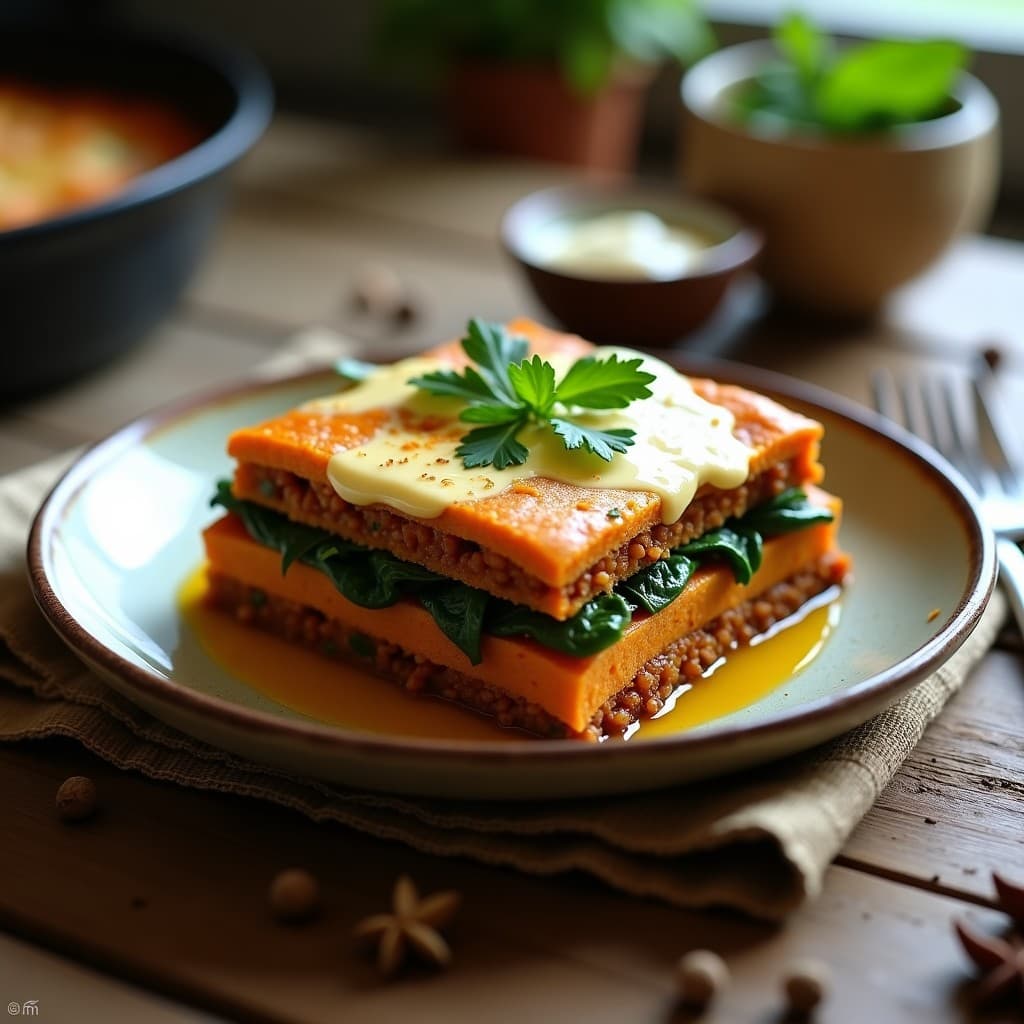 Lasaña etíope sin horno en molde rectangular con capas visibles de puré de batata naranja, lentejas estofadas con especias bérbere, espinacas verdes y salsa cremosa de yogur y tahini. Decorada con cilantro fresco y un hilo de aceite de oliva sobre fondo rústico.