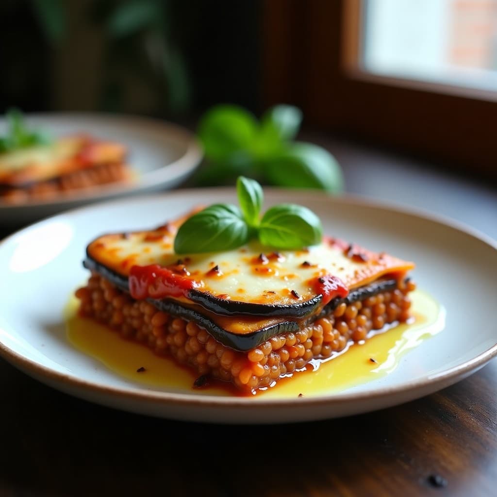Lasaña vegana en airfryer con capas de berenjena, lentejas y crema de anacardos, decorada con albahaca fresca y aceite de oliva, servida en plato rústico.