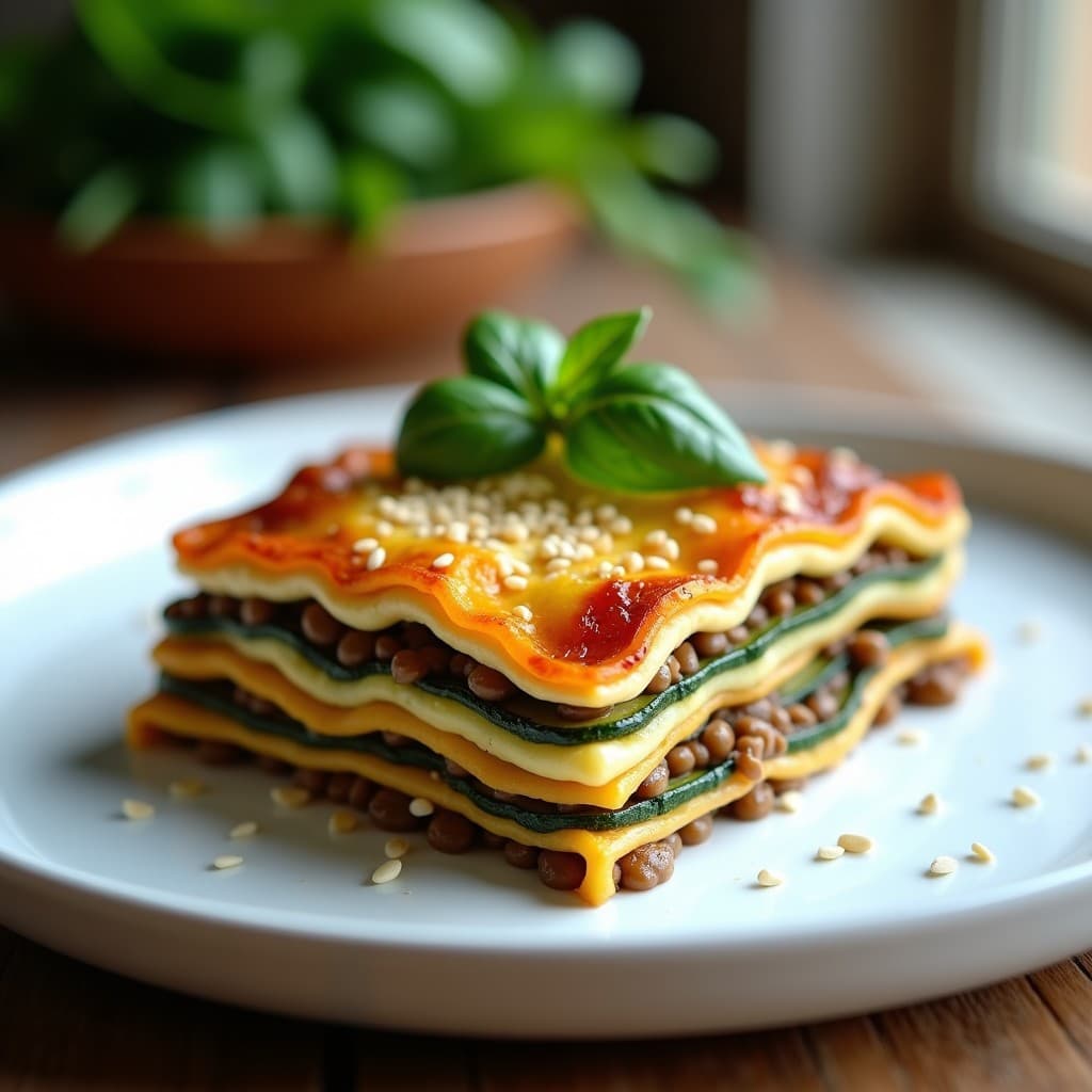 Lasaña vegana sin gluten en fuente de horno rectangular, con capas visibles de calabacín asado, ragú de lentejas oscuro y crema de anacardos dorada en la superficie, decorada con hojas de albahaca fresca.