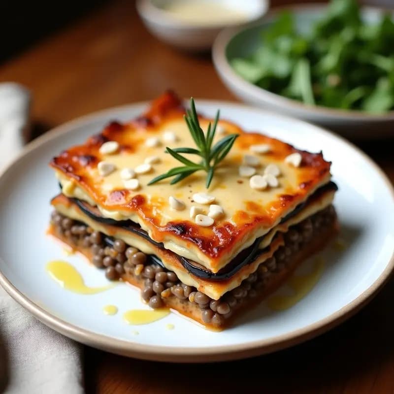 Lassagna de berenjena y lentejas en capas perfectas, con bechamel de avena dorada y piñones tostados. Plato italiano vegano sin pasta, servido en fuente de cerámica blanca con hierbas frescas de decoración.