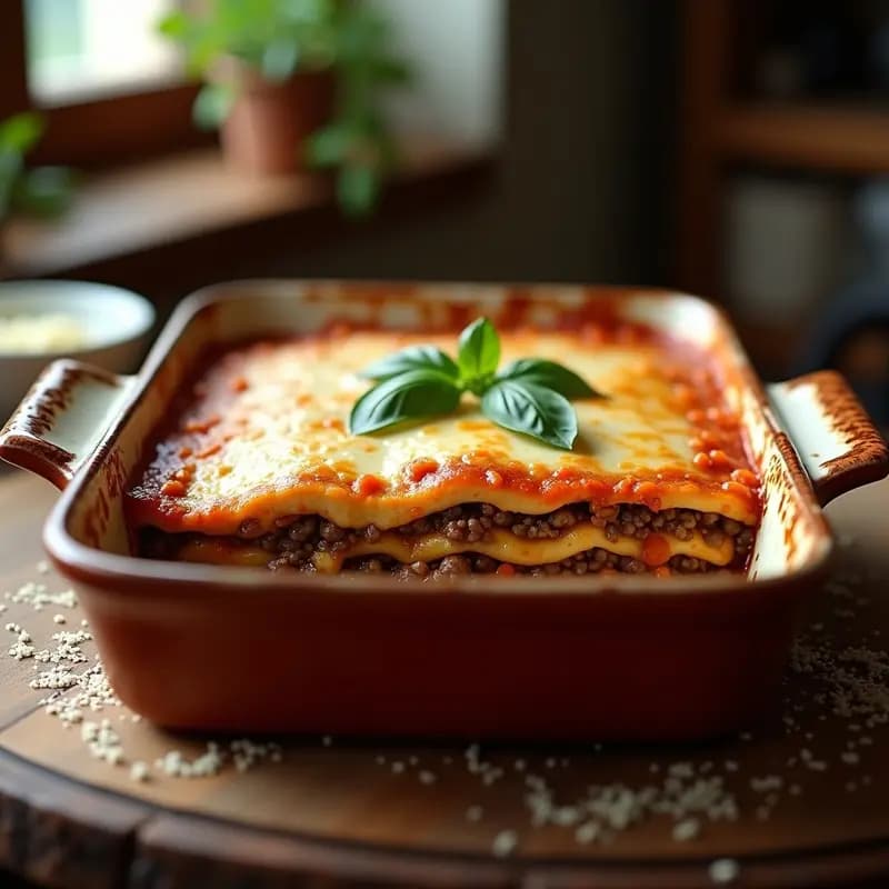 Lassagna italiana keto en fuente de barro con capas visibles de berenjena asada, carne de lentejas beluga y bechamel de anacardos, gratinada con queso parmesano dorado y decorada con hojas de albahaca fresca.