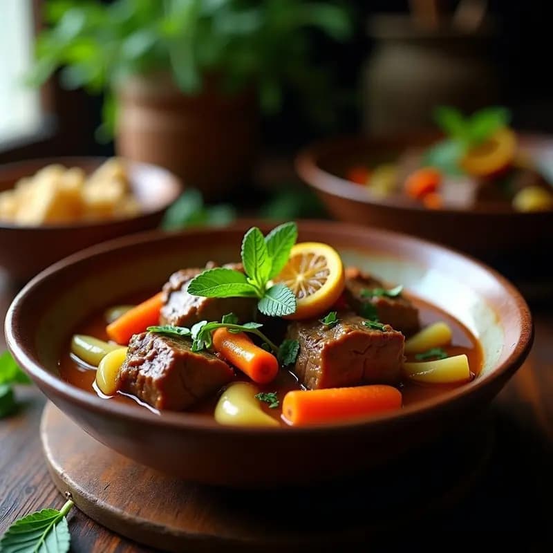 Plato hondo de barro con Lassan de Cordero Persa, trozos de cordero desmenuzado en salsa espesa de ajo y jengibre, zanahorias baby y apio, decorado con hierbabuena fresca y rodajas de limón confitado.