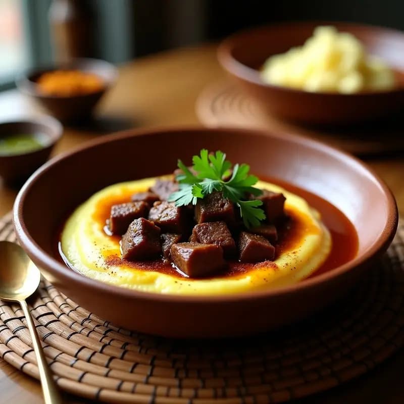 Plato hondo de barro con lassan de res en trozos dorados y jugosos, bañados en salsa especiada, sobre un puré de coliflor cremoso y brillante, decorado con almendras tostadas y cilantro fresco. Receta india keto y sin carbohidratos.
