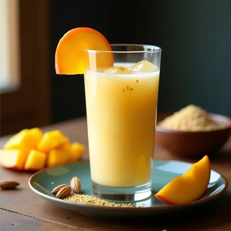 Vaso alto con lasse de mango y cardamomo, bebida yogur india cremosa de color amarillo pálido, decorada con rodajas de mango y una pizca de cardamomo en polvo, servida con hielo y semillas de amapola en la superficie.