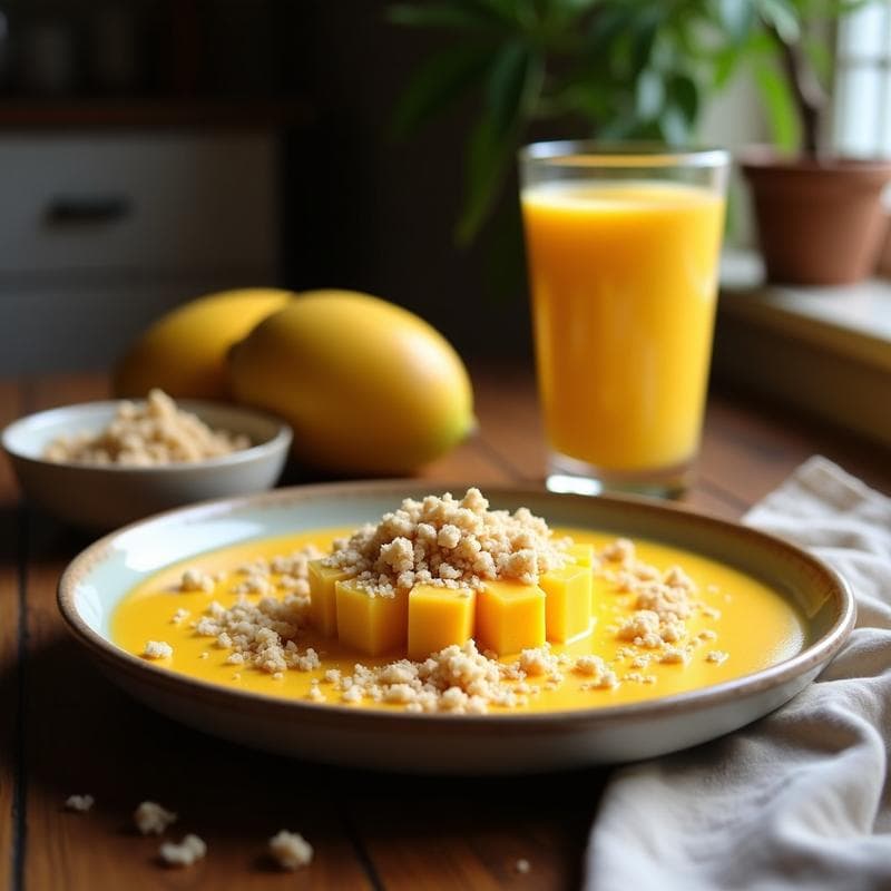 Vaso alto transparente con lassí de manga y cardamomo de color amarillo intenso, coronado con granola de coco dorada y almendras fileteadas. Fondo de madera rústica con hojas de menta y semillas de cardamomo esparcidas.