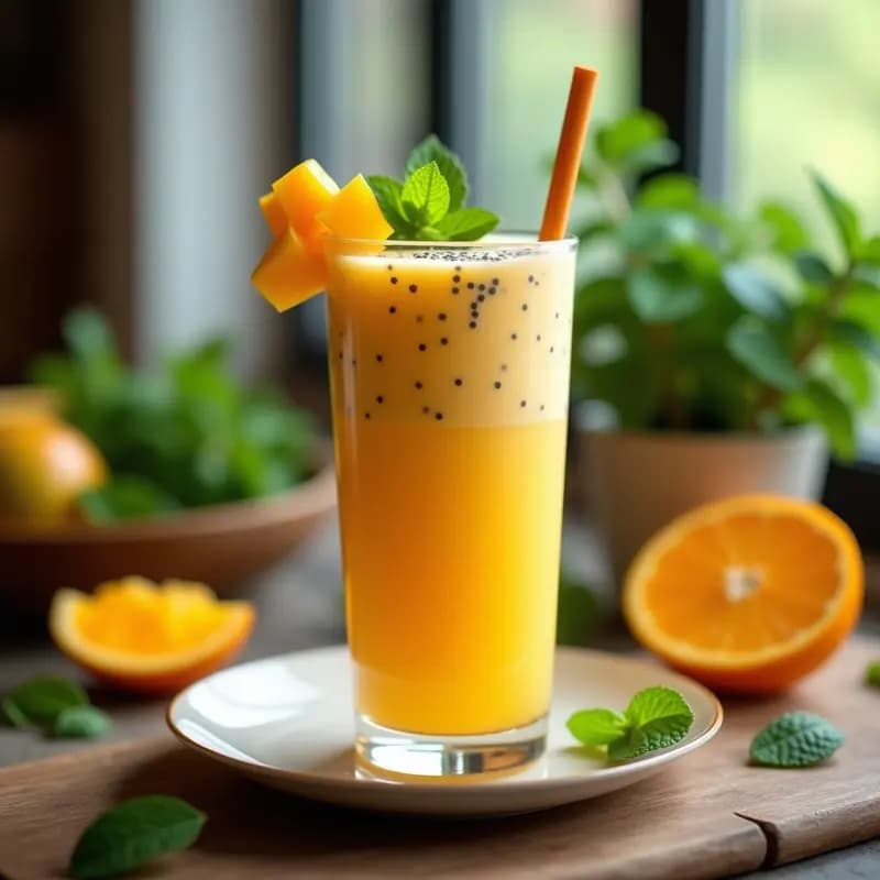 Vaso alto transparente con lassi de mango y chía, bebida cremosa de color amarillo dorado con semillas de chía visibles, decorado con trozos de mango fresco y hojas de menta, sobre una mesa de madera con fondo borroso.