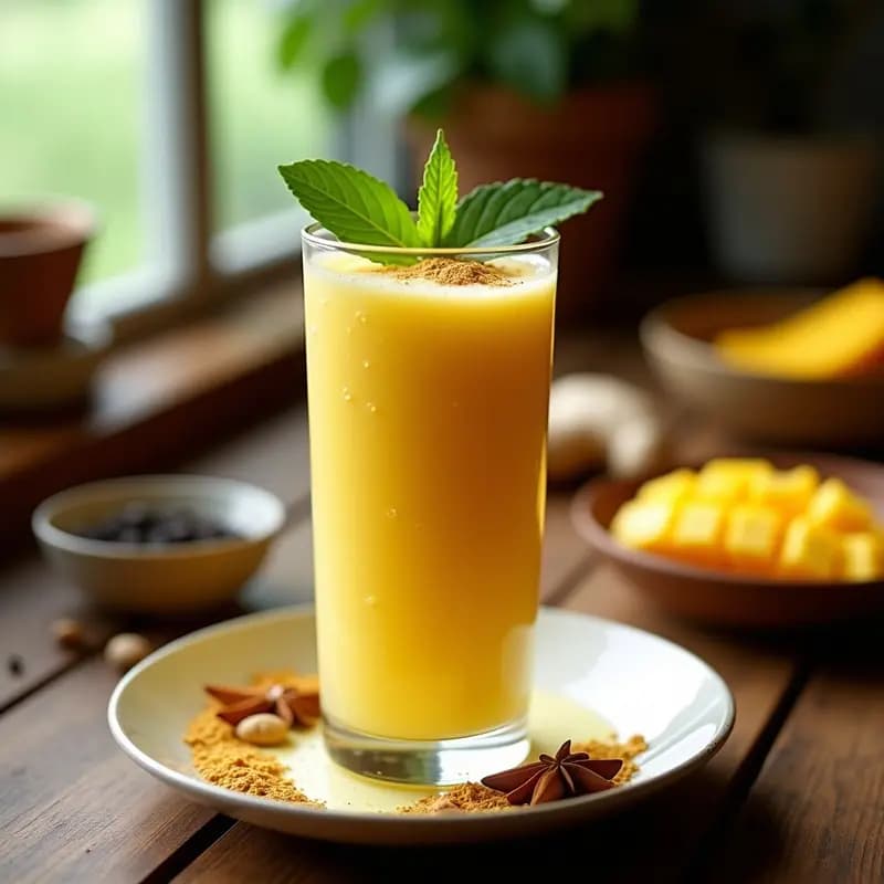 Vaso alto de cristal con lassi de mango cremoso, color amarillo dorado, decorado con semillas de cardamomo en polvo y hojas de menta, sobre una mesa de madera rústica con especias indias al fondo.