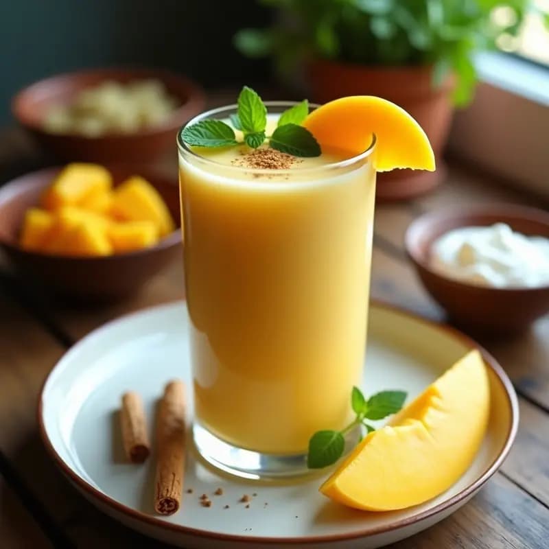 Vaso alto transparente con lassi de mango y yogur griego, decorado con rodaja de mango, hojas de menta y espolvoreado de cardamomo, sobre una mesa de madera con fondo desenfocado.