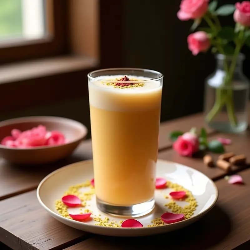 Vaso alto transparente con Lassi de Rosa y Azafrán sin lactosa, bebida india de color crema dorado con espuma superficial, decorada con pistachos picados y hebras de azafrán, servida sobre una mesa de madera con pétalos de rosa esparcidos.