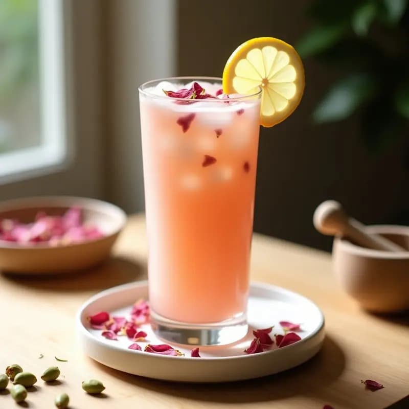 Vaso alto transparente con Lassi de Rosa y Cardamomo ayurvédico, decorado con pétalos de rosa secos y rodaja de limón, sobre fondo de madera clara con especias esparcidas.