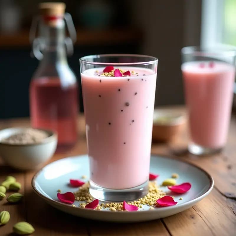 Vaso alto transparente con Lassi de Rosa y Cardamomo con Semillas de Chía, decorado con pétalos de rosa comestibles y pistachos picados, sobre una mesa de madera con fondo borroso de ingredientes.