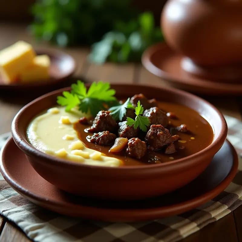 Plato hondo de barro con lassó de res en caldo espeso y oscuro, acompañado de puré de yucca cremoso y decorado con cilantro fresco. Receta colombiana tradicional de cuchara.