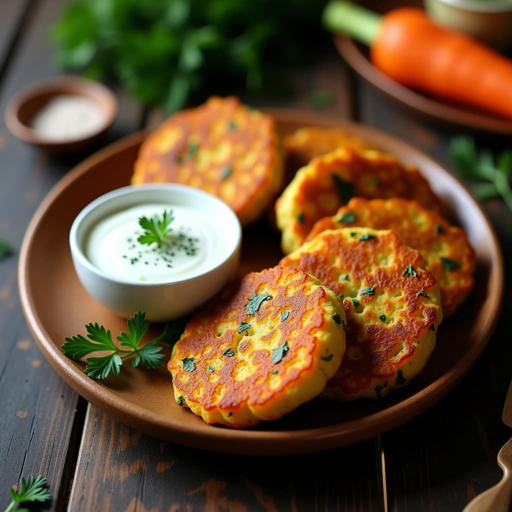 Latkes de calabacín y zanahoria keto en airfryer, tortitas judías doradas y crujientes servidas en un plato de madera con perejil fresco y un dip de yogur, fondo rústico.