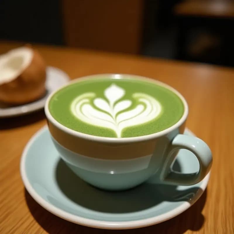 Vaso transparente alto con Latte Art 3D de capas verdes y blancas: base de matcha, leche de coco y espuma de coco en forma de ola. Decorado con polvo de matcha y pajita de bambú sobre fondo claro.